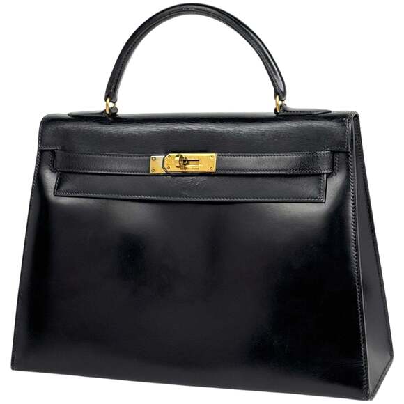 HERMES Handbags - Hermes Kelly 32, external stitching, handbag, box calf leather, black, women's.